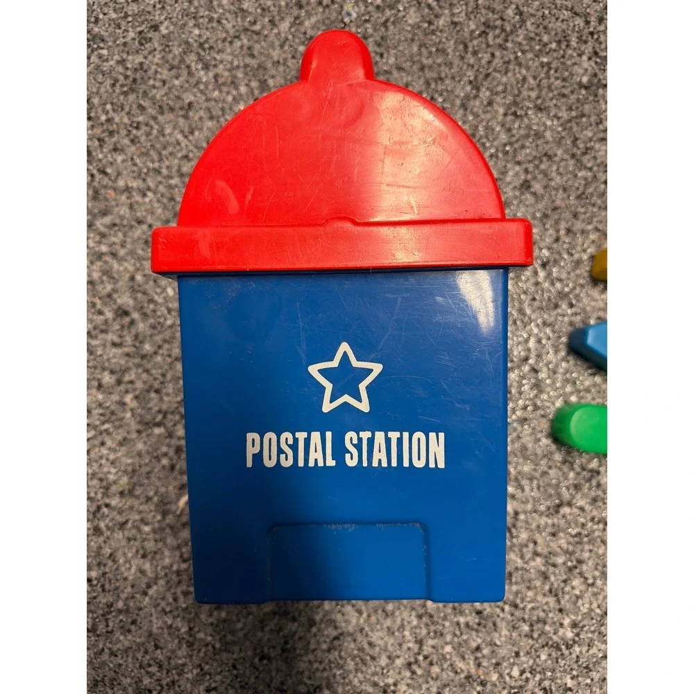 Vintage Playskool Postal Station Shape Sorter Toy Red Blue Mailbox with 5 Shapes